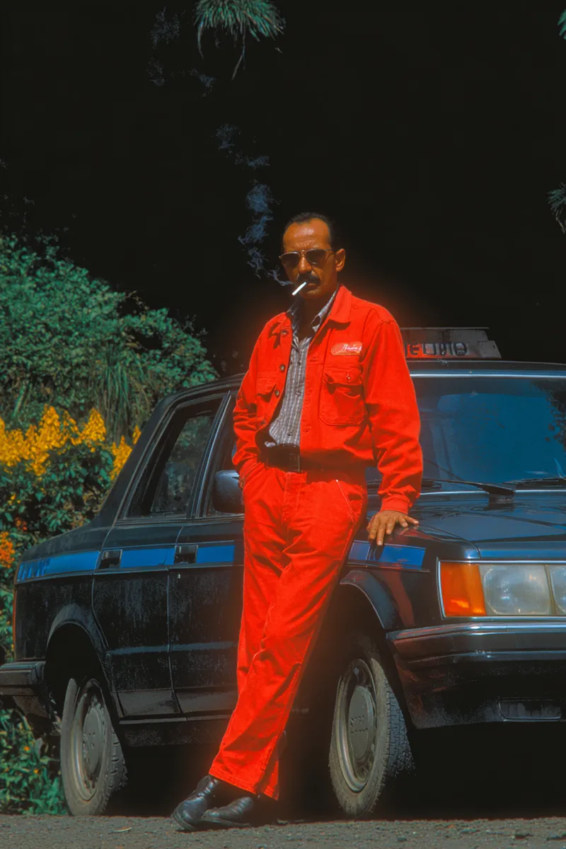 Un hombre con mono de trabajo rojo y lentes de sol fuma un cigarrillo apoyado contra un carro oscuro de noche, con flores anaranjadas y vegetación detrás.