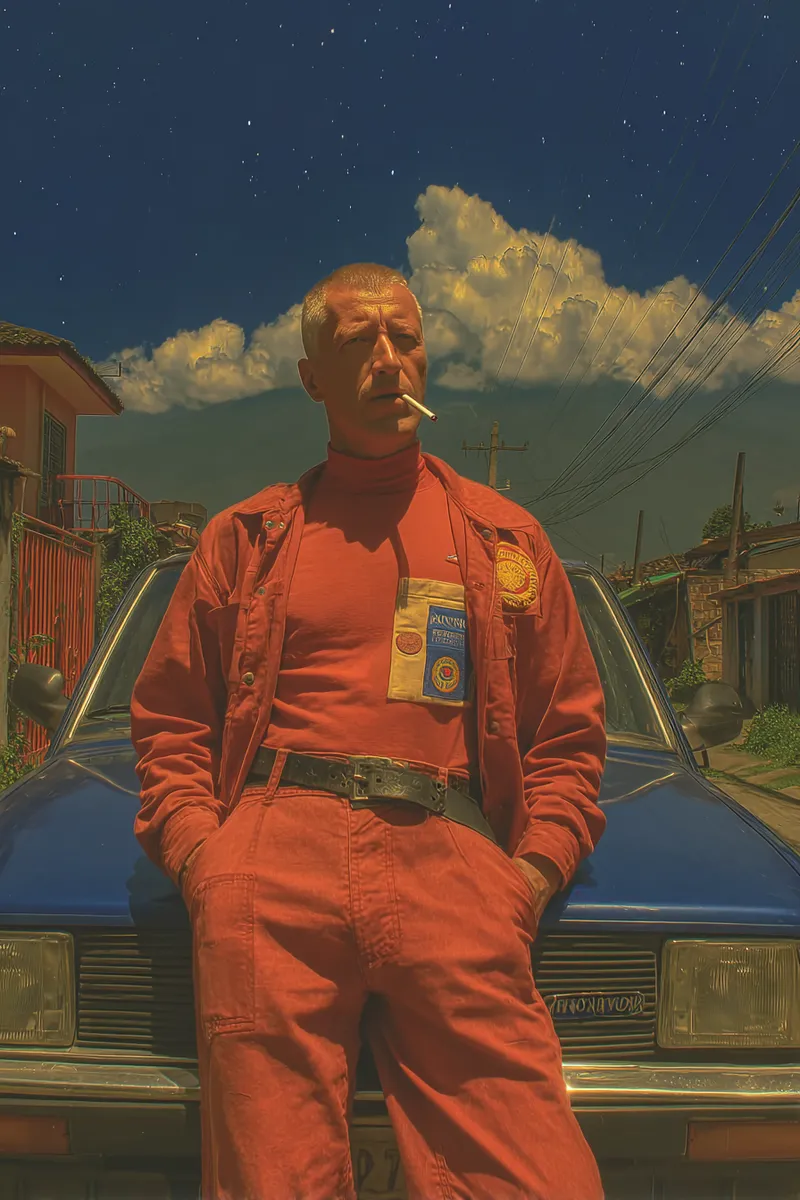 Un hombre con suéter y chaqueta rojos, con una insignia dorada en el pecho, fuma frente a un carro azul de noche, bajo un cielo estrellado con una gran nube y casas humildes al fondo.