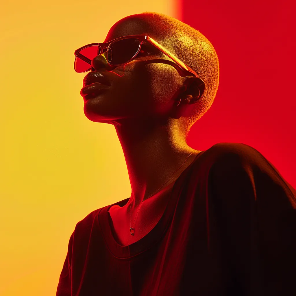 Una persona con cabello corto y puntas rubias, gafas de sol de montura fina y camiseta oscura, mira hacia arriba frente a un fondo con degradado de rojo a amarillo.