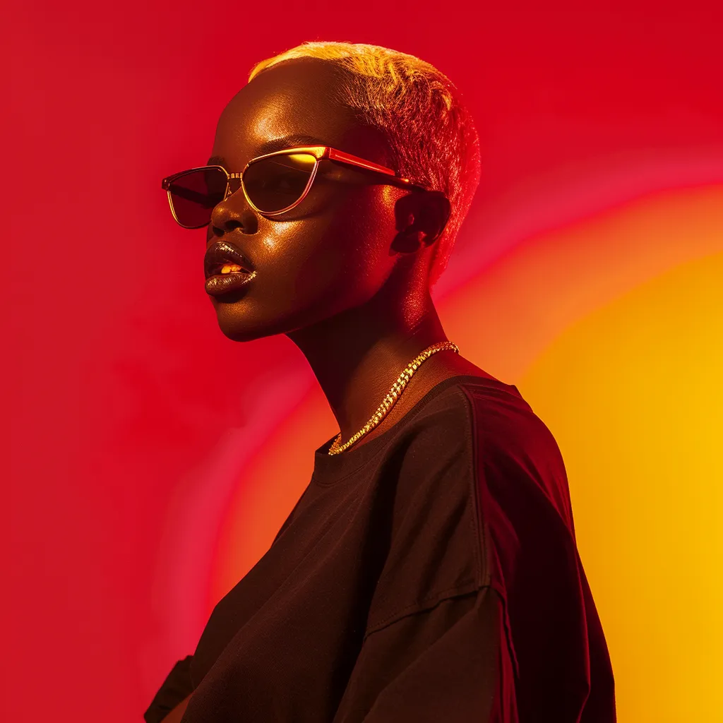 Una persona de perfil con cabello corto, gafas de sol y una cadena dorada al cuello, frente a un fondo con degradado de rojo a amarillo.