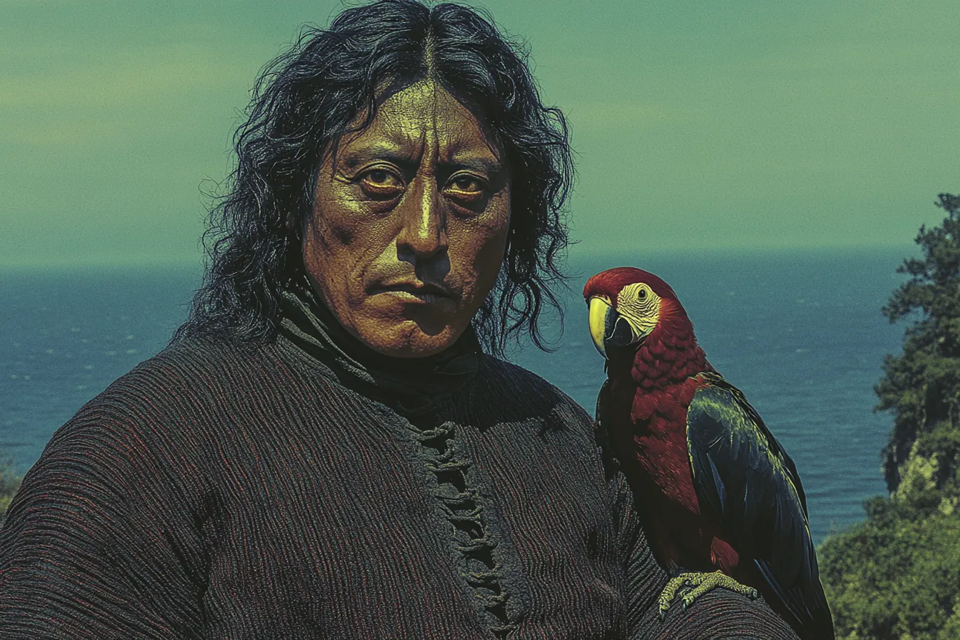 Un hombre de cabello largo y oscuro, con el rostro curtido, lleva un guacamayo rojo posado en el hombro, frente al mar, con una tonalidad general verdosa en la imagen.