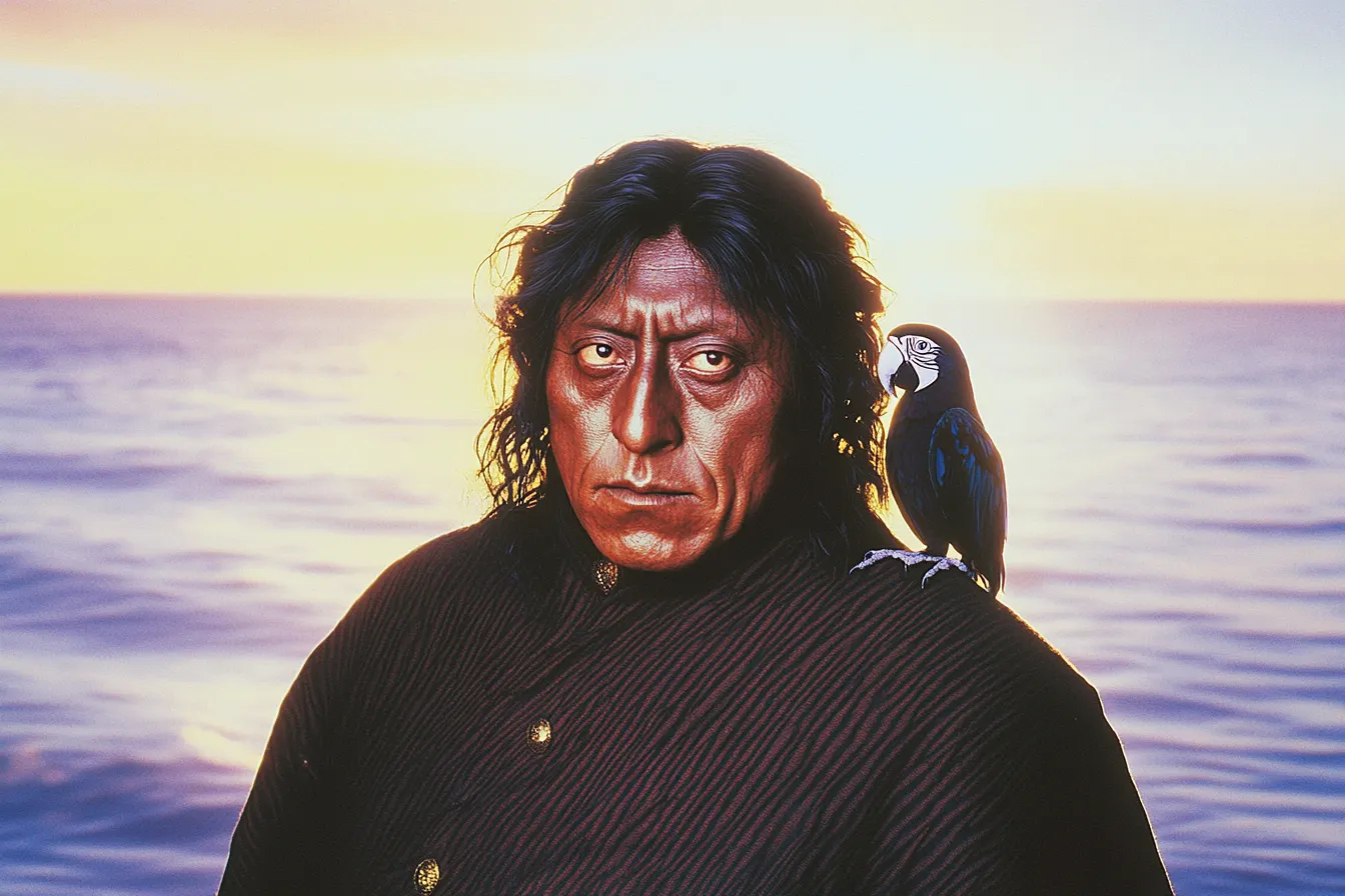 Un hombre de cabello oscuro y largo lleva un guacamayo rojo en el hombro frente al mar, bajo un cielo de tonos anaranjados y morados al amanecer o atardecer.