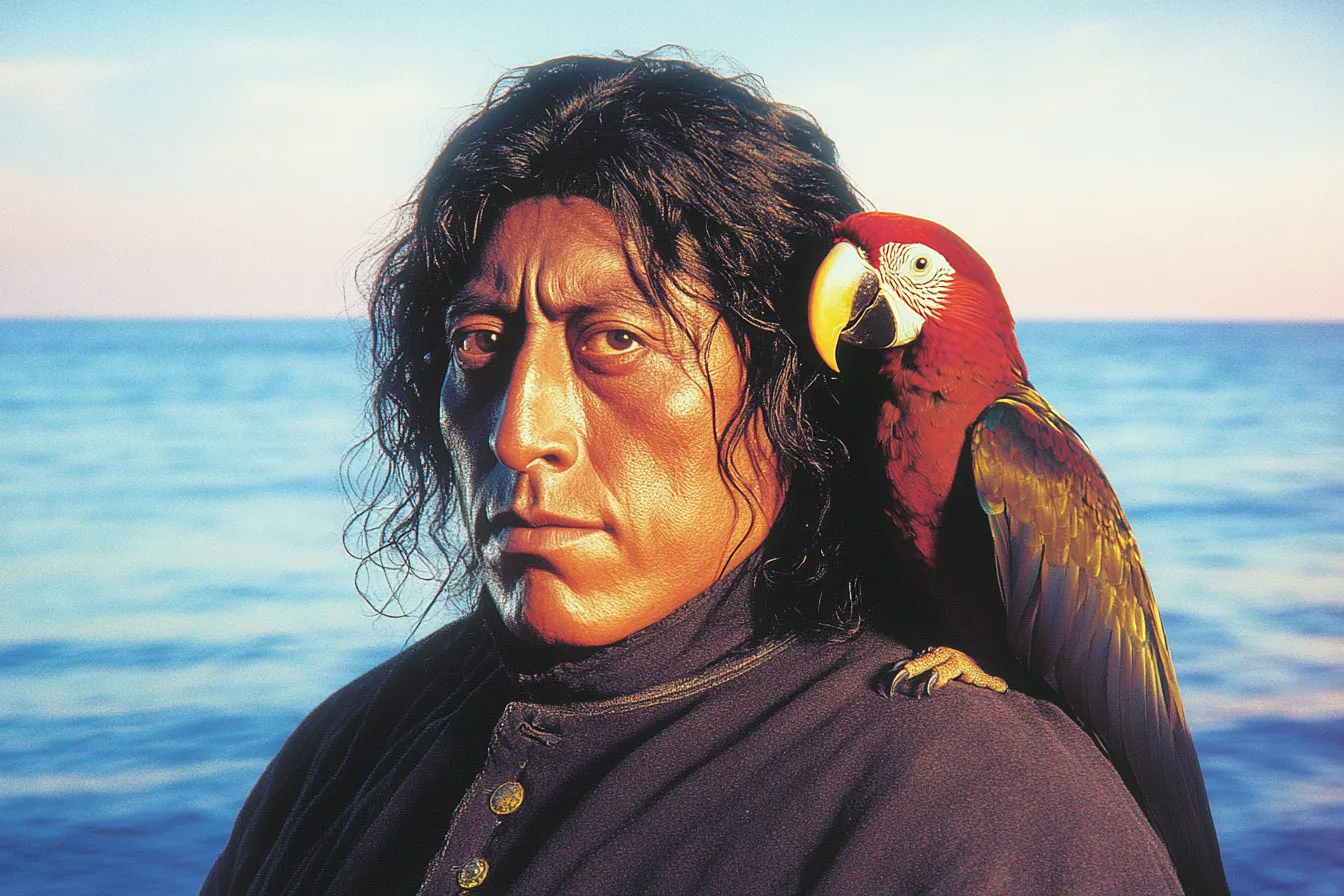 Un hombre de cabello oscuro y largo lleva un guacamayo rojo en el hombro, con el mar azul y despejado de fondo bajo luz de día.