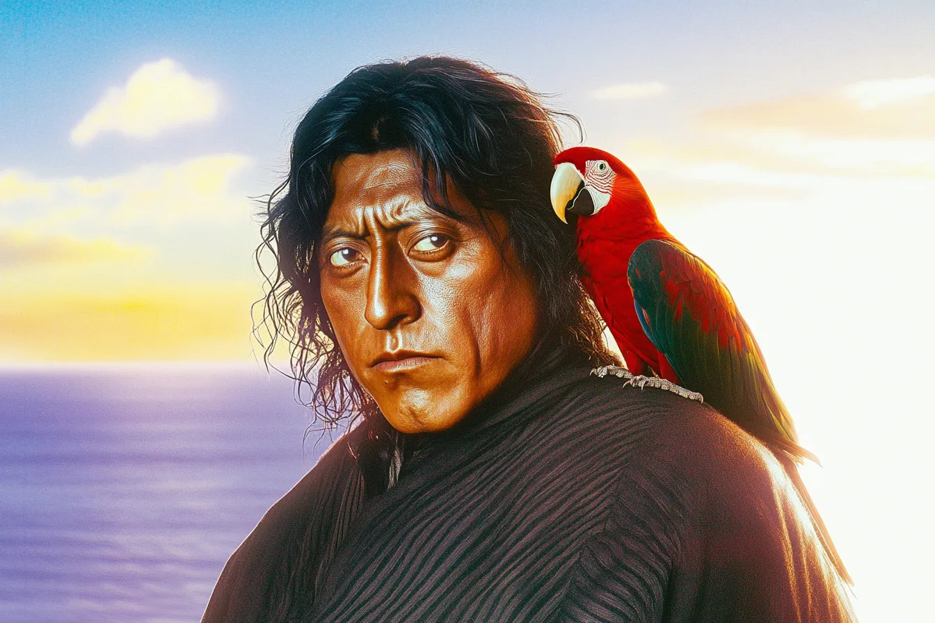 Un hombre de cabello oscuro y largo lleva un guacamayo rojo en el hombro, frente al mar, bajo un cielo dorado de atardecer.