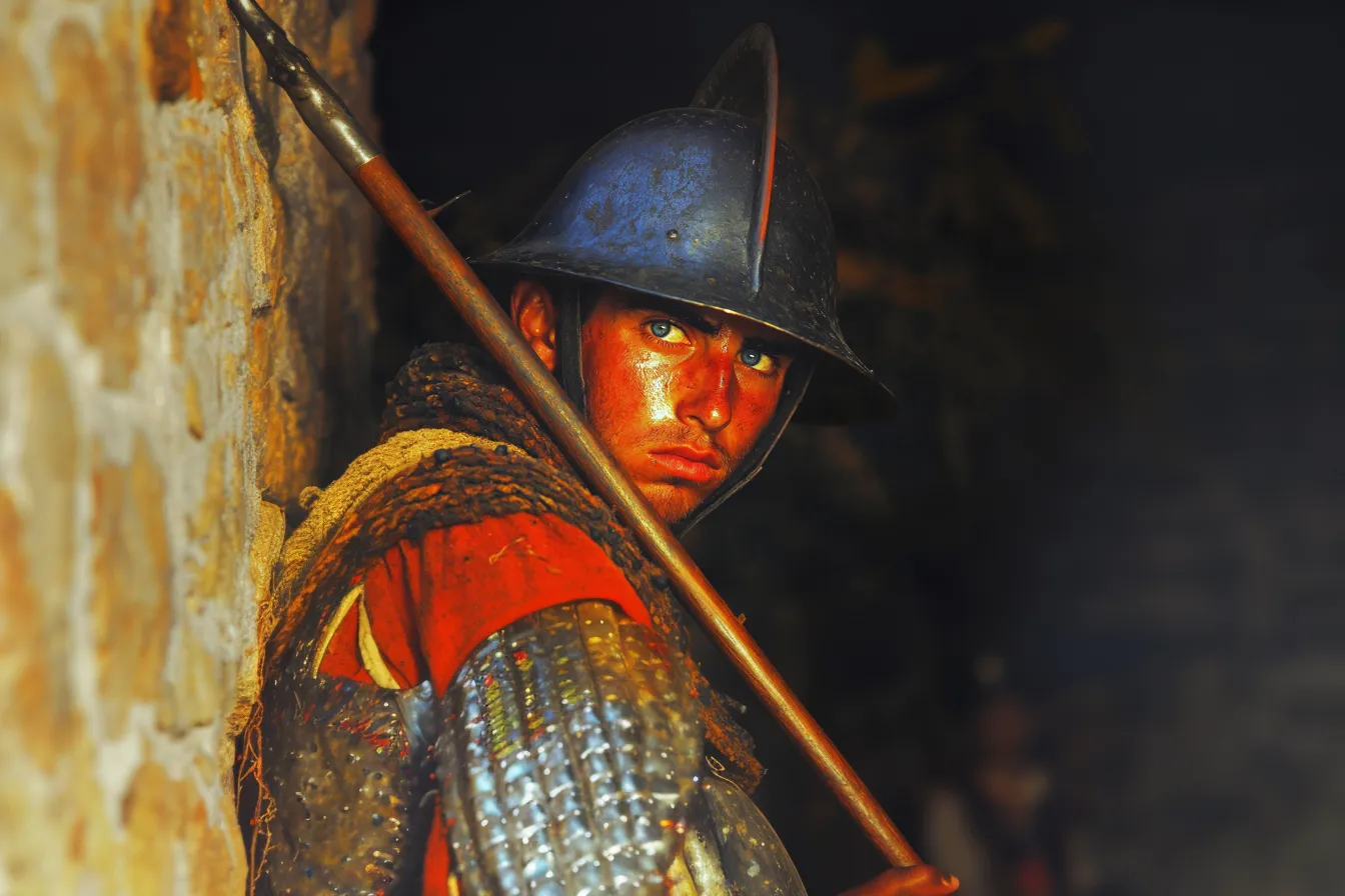 Un joven con casco y cota de malla sostiene una pica de pie en un vano de piedra, bajo una luz roja intensa, mirando hacia la cámara.