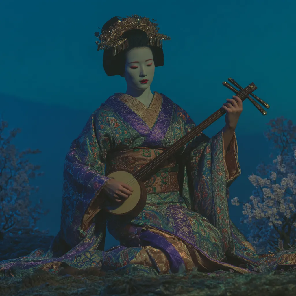Mujer con kimono morado, verde y dorado y tocado ornamentado en el cabello, arrodillada al aire libre tocando un shamisen (instrumento de cuerdas japonés) con un plectro, bajo luz azul de atardecer y ramas de flores blancas al lado.