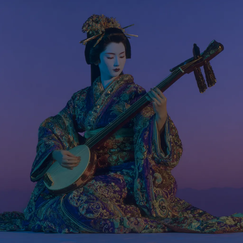 Mujer con kimono azul y dorado con bordados florales, tocado ornamentado en el cabello con adornos colgantes, arrodillada tocando un shamisen contra un cielo morado de atardecer, con una silueta de colinas al fondo.