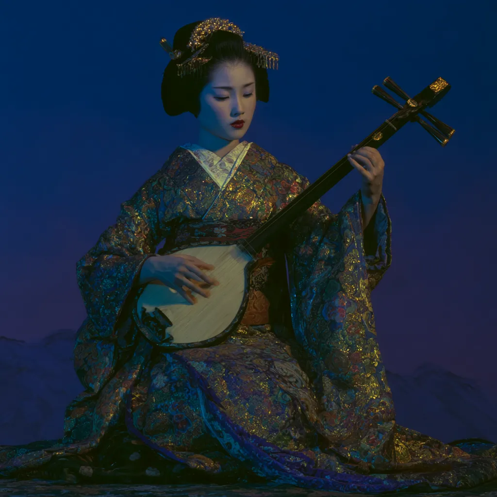 Mujer con kimono azul y dorado con bordados, tocado ornamentado en el cabello, arrodillada tocando un shamisen contra un cielo azul oscuro de noche, con montañas en silueta al fondo.