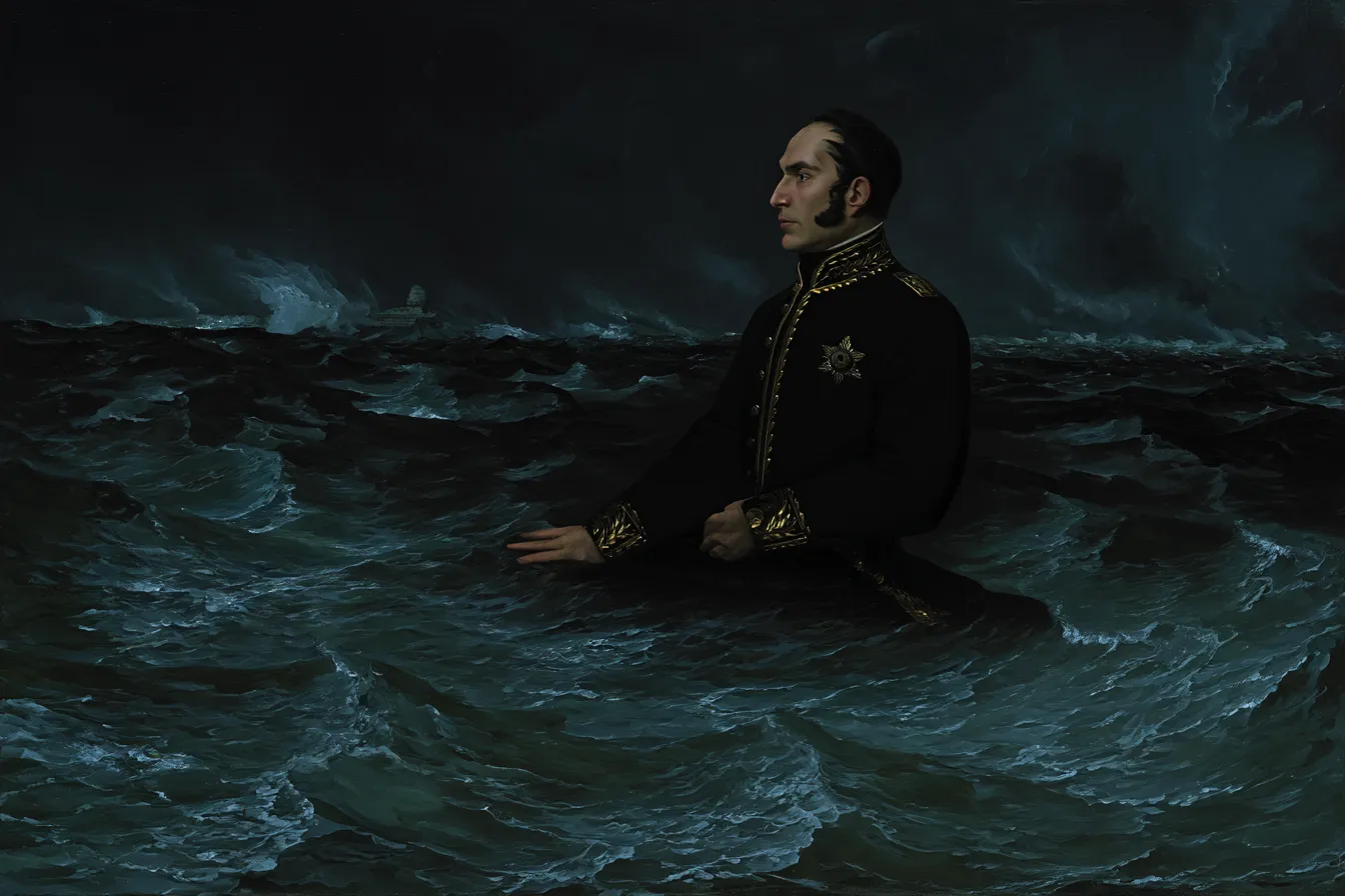 Hombre de cabello canoso vestido con chaqueta militar oscura con botones y detalles dorados, sumergido hasta el pecho en un mar tormentoso de noche, mirando hacia un lado.