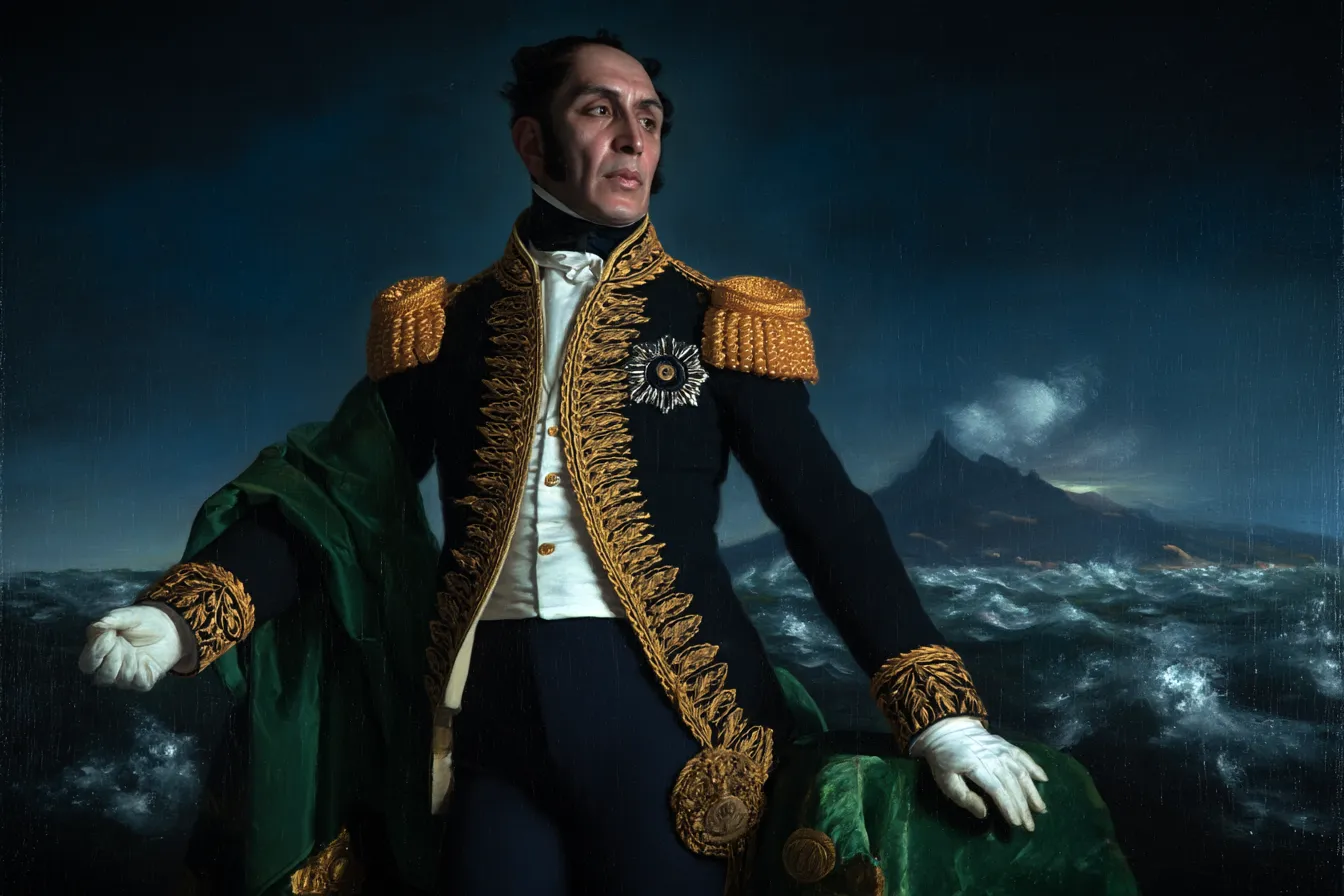 Hombre con uniforme militar oscuro con charreteras y bordados dorados, capa verde sobre el brazo, de pie frente a un mar agitado y una montaña con humo al fondo, de noche.