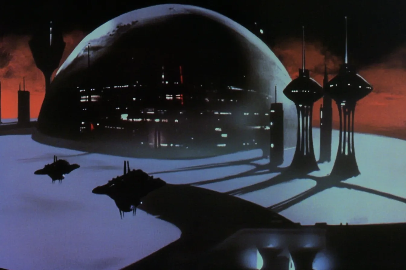 Silueta oscura de una ciudad futurista bajo una gran cúpula, con torres iluminadas y naves espaciales en el suelo, contra un cielo rojo de atardecer.