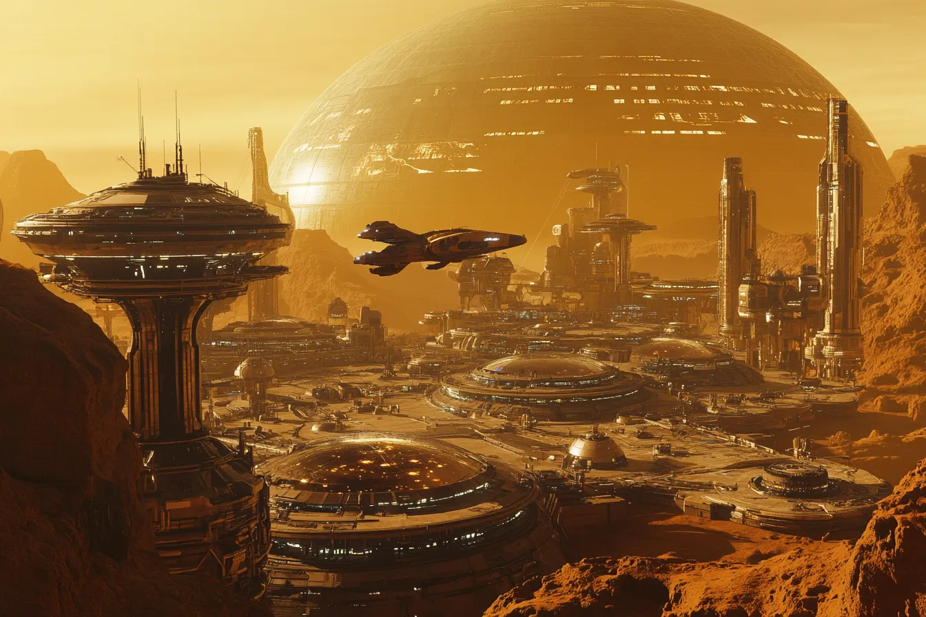 Ciudad futurista bajo una gran cúpula sobre un paisaje desértico anaranjado, con una nave espacial volando cerca y torres alrededor, bajo luz cálida de atardecer.
