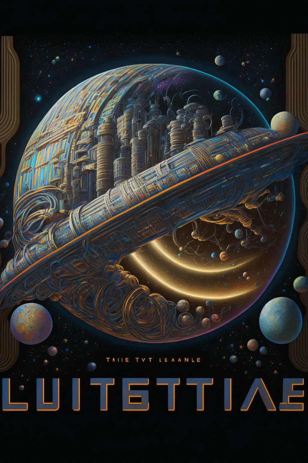 Cartel ilustrado de un planeta cubierto de estructuras mecánicas y torres, rodeado de anillos y varias lunas en el espacio, con texto estilizado en la parte inferior.