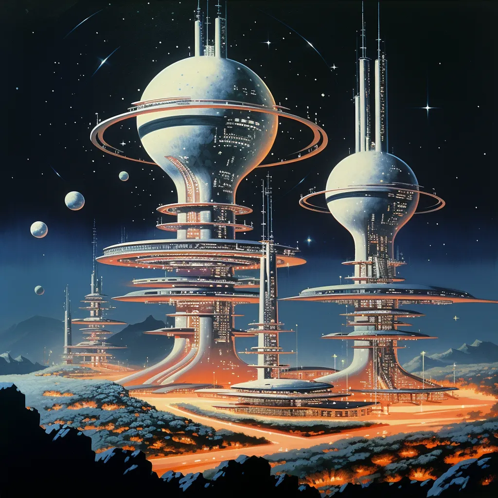 Ilustración retro de estructuras esféricas futuristas sobre tallos altos en un paisaje desértico nocturno, con luces anaranjadas en la base y estrellas y lunas en el cielo.