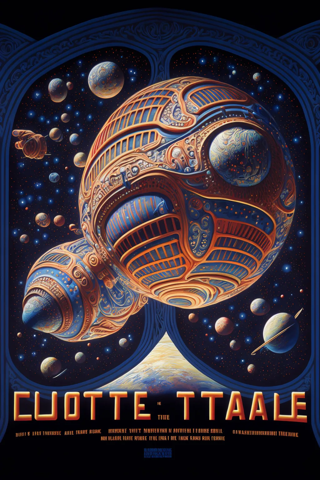 Cartel ilustrado enmarcado de una nave espacial esférica con patrones mecánicos detallados, rodeada de planetas y un planeta con anillos, con texto estilizado en la parte inferior.