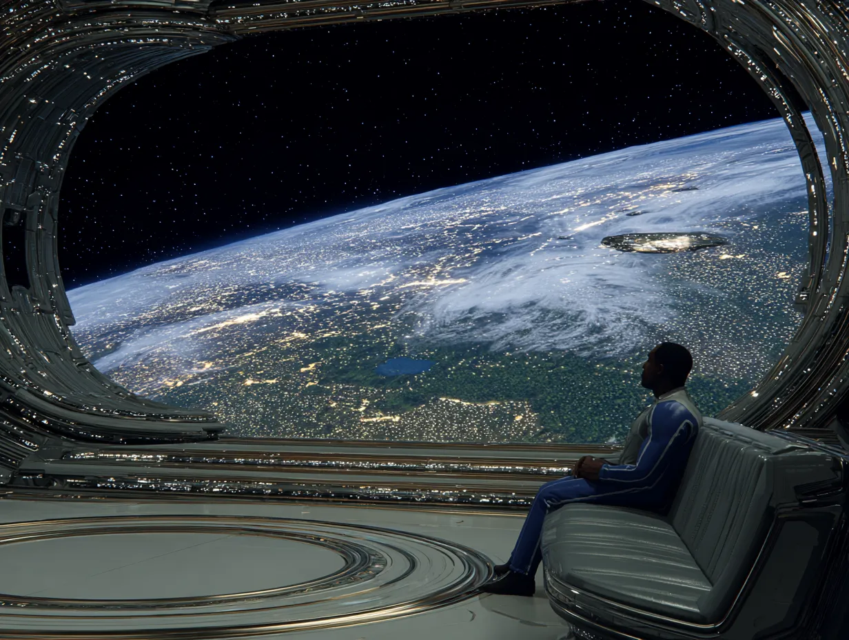 Persona sentada en una silla mirando por una ventana ovalada grande hacia la Tierra vista desde el espacio, de noche, con luces de ciudades visibles, en el interior curvo de una nave con detalles dorados.