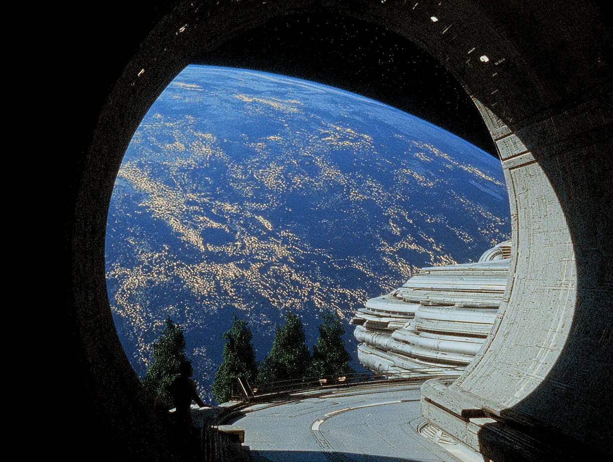Vista a través de una gran abertura circular de piedra hacia la Tierra iluminada de noche, con una escalera curva y árboles de pino cerca de la abertura.