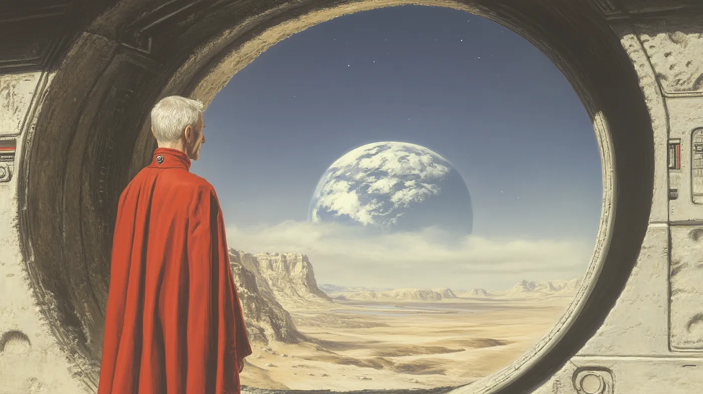 Persona de cabello canoso con capa roja, de pie mirando por una ventana circular hacia un paisaje desértico con rocas y una gran luna o planeta en el cielo, desde el interior de una nave.