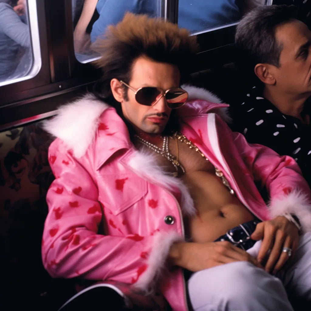 Hombre con peinado mullet y gafas de sol, con chaqueta rosa de peluche blanco y estampado de corazones rojos, sentado en un autobús junto a otros pasajeros.