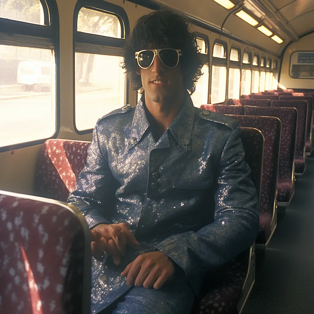 Hombre de cabello oscuro y rizado con gafas de sol de aviador y camisa azul metálica con lentejuelas, sentado en un autobús con asientos de tela morada estampada.