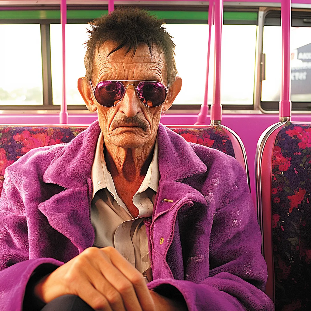 Hombre mayor de cabello oscuro despeinado y gafas de sol, con abrigo de peluche morado, sentado en un autobús con asientos rosados, con expresión seria.