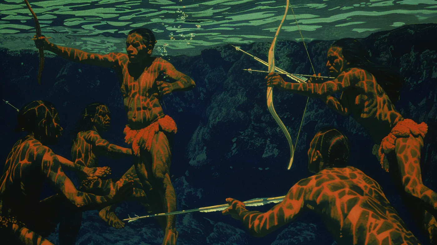 Ilustración de varias personas con el cuerpo pintado de color rojo anaranjado nadando bajo el agua, una de ellas tensando un arco, en un entorno rocoso de tonos verdes y azules.
