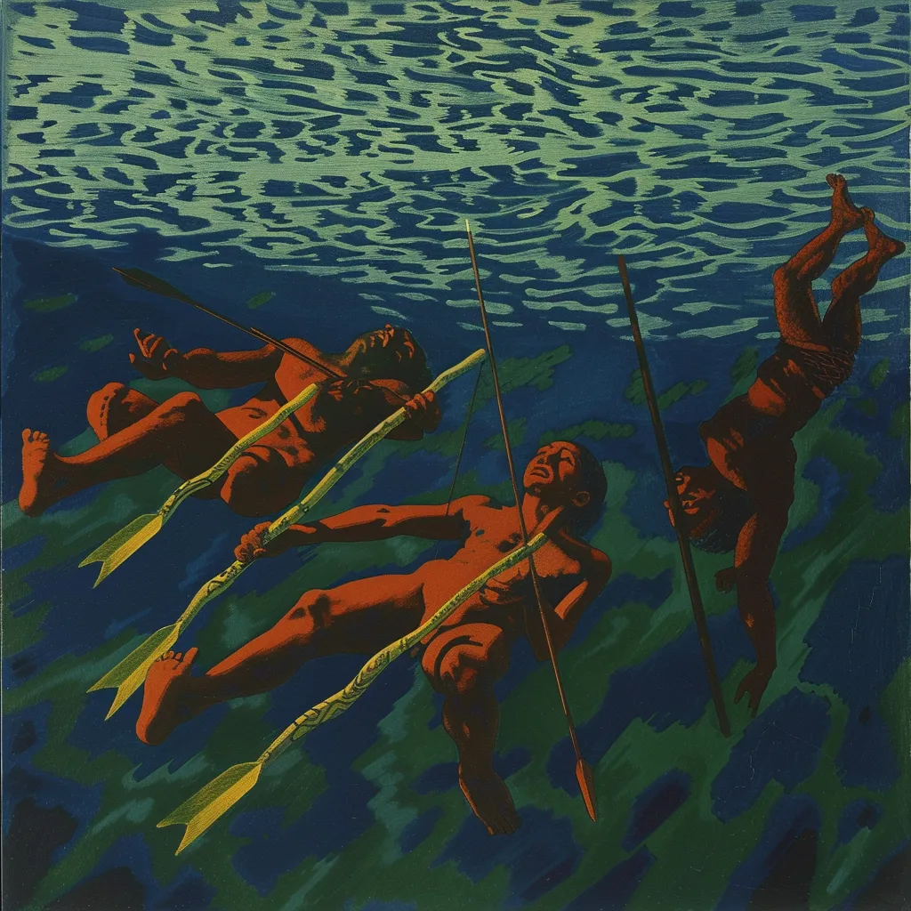 Ilustración de varias personas con el cuerpo pintado de rojo anaranjado flotando horizontalmente bajo el agua junto a lanzas con puntas amarillas, en un entorno submarino verde y azul.