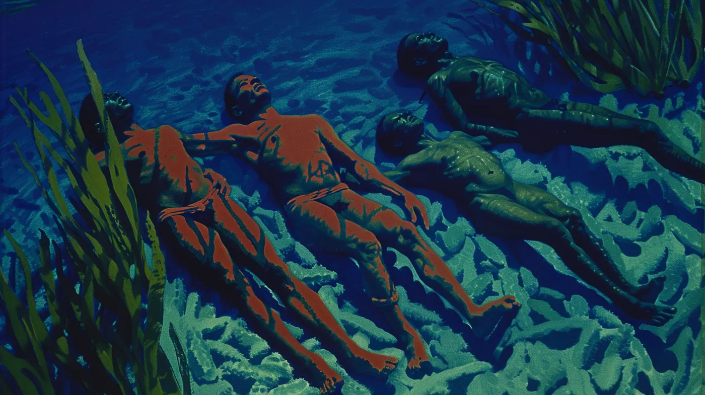 Ilustración de varias personas con el cuerpo pintado de rojo anaranjado flotando horizontalmente bajo el agua sobre un arrecife de coral, rodeadas de plantas verdes, en tonos azules y verdes.