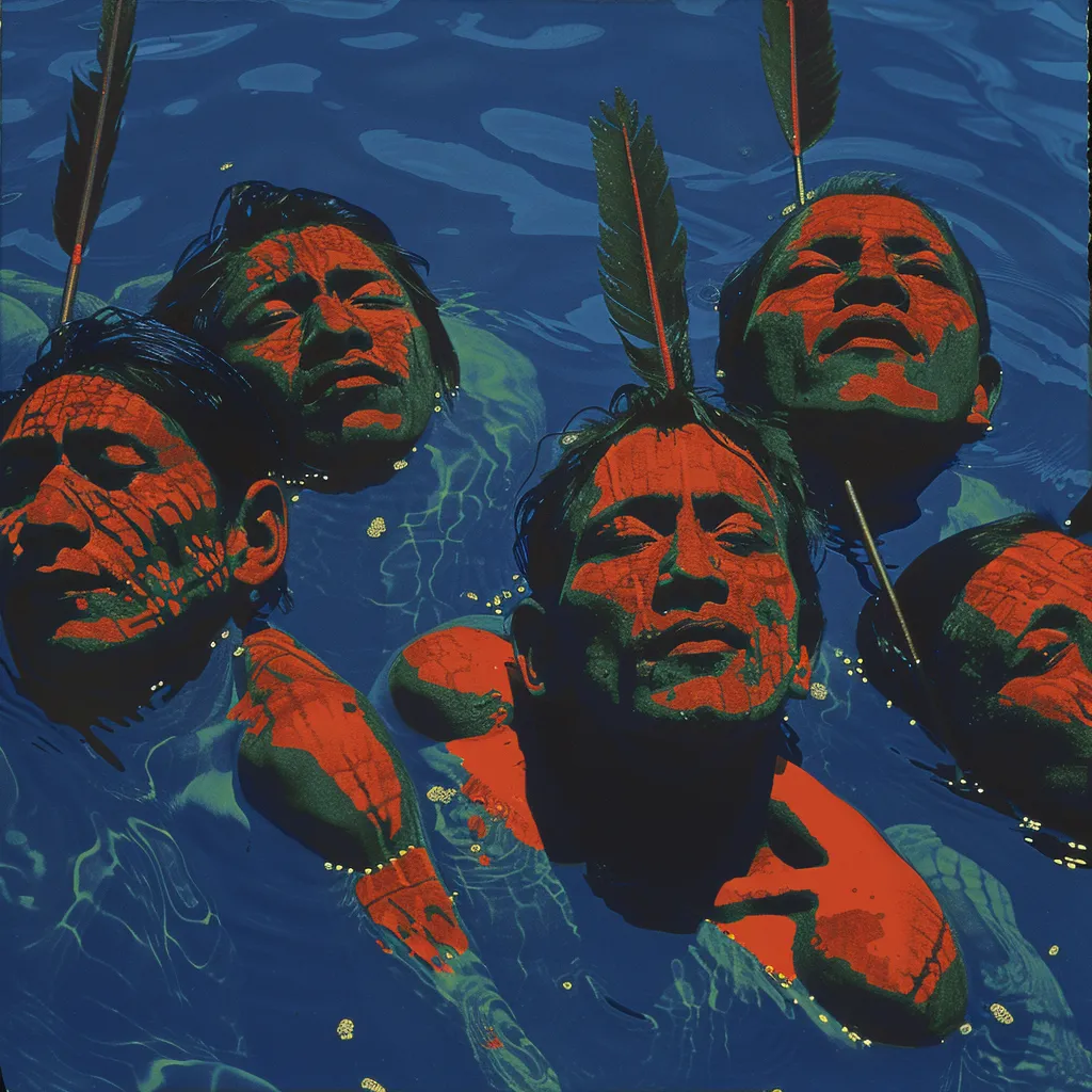 Ilustración en primer plano de varios rostros con el cuerpo pintado de rojo anaranjado, plumas en el cabello y ojos cerrados, flotando en la superficie del agua junto a flechas, en tonos azules.