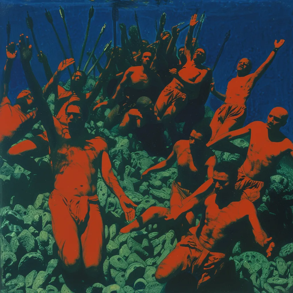 Ilustración de un grupo numeroso de personas con el cuerpo pintado de rojo anaranjado, con los brazos levantados, de pie sobre un terreno rocoso bajo el agua, con lanzas al fondo, en tonos verdes y azules.