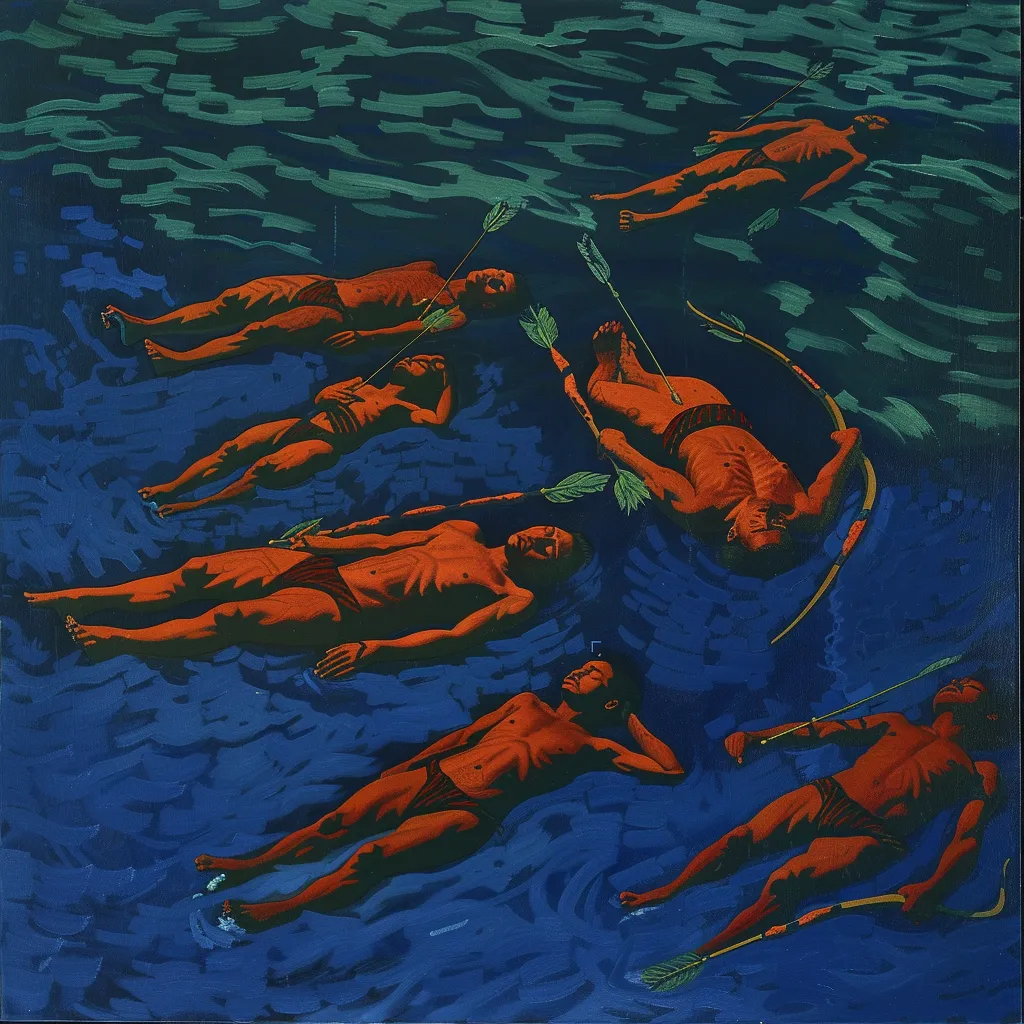 Siete figuras humanas de color naranja rojizo flotan boca arriba en aguas azul verdosas oscuras, algunas sujetando arcos y flechas, con un patrón de reflejos claros en la superficie del agua.