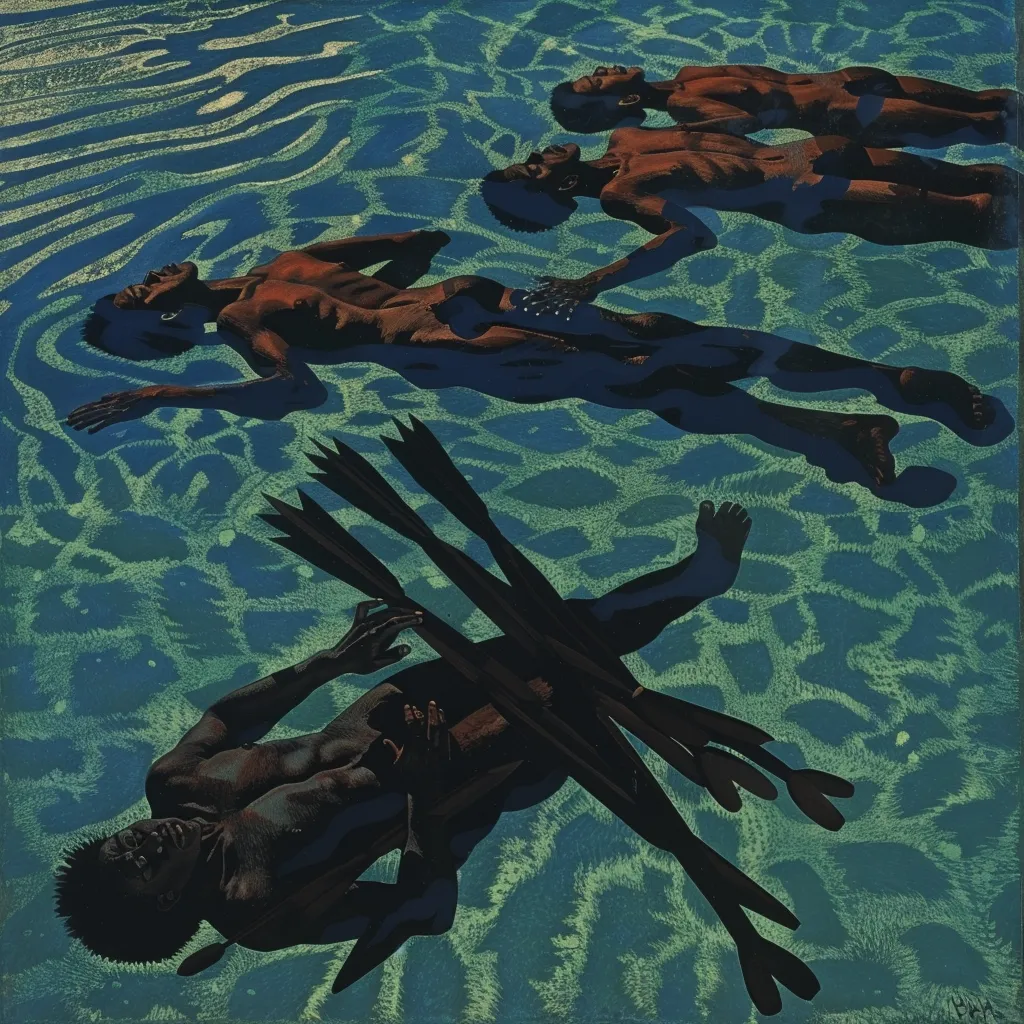 Tres figuras humanas flotan en agua verde azulada; en primer plano una silueta oscura con los brazos y las piernas extendidos en forma de cruz, y dos figuras más pequeñas al fondo en la parte superior.