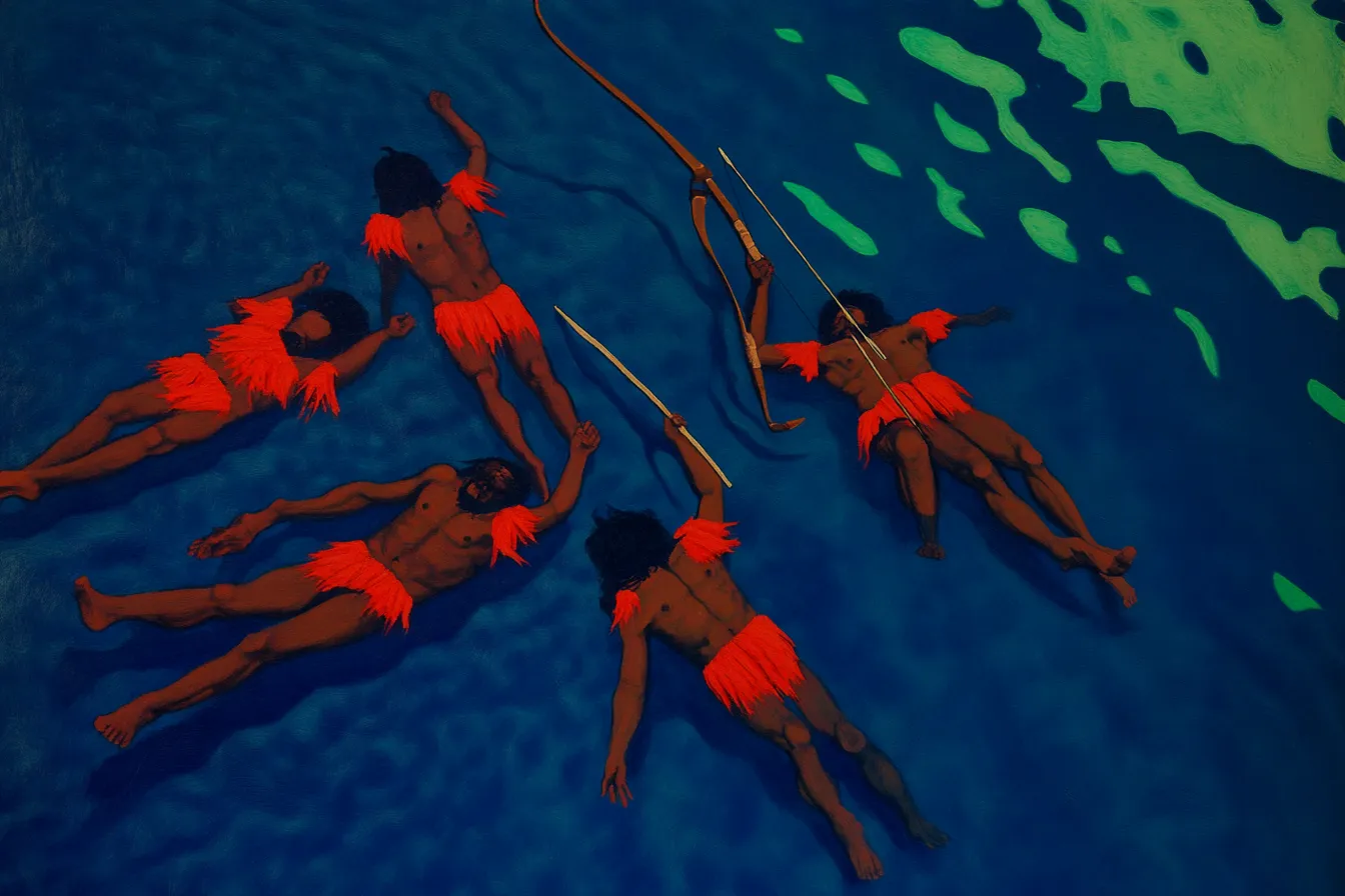 Seis figuras vestidas con faldas rojas flotan juntas en agua azul oscuro, sosteniendo un arco y flechas, con manchas de color verde en la esquina superior derecha.
