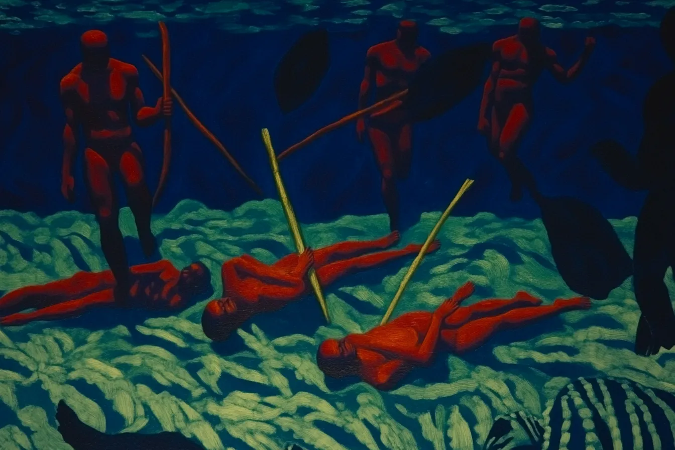 Cuatro figuras rojas de pie sostienen lanzas en la parte superior; tres cuerpos rojos flotan boca arriba sobre un fondo de agua con rayas verdes, y una forma oscura alargada aparece en la esquina inferior derecha.