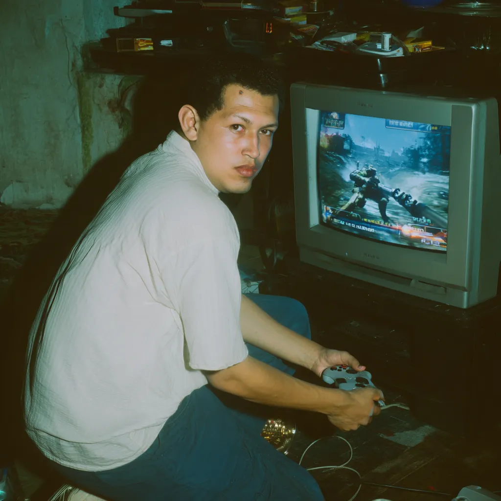 Joven sentado que gira la cabeza hacia la cámara mientras sostiene un mando de videojuego con cable, frente a un televisor antiguo que muestra una escena de combate, en una habitación oscura y desgastada.