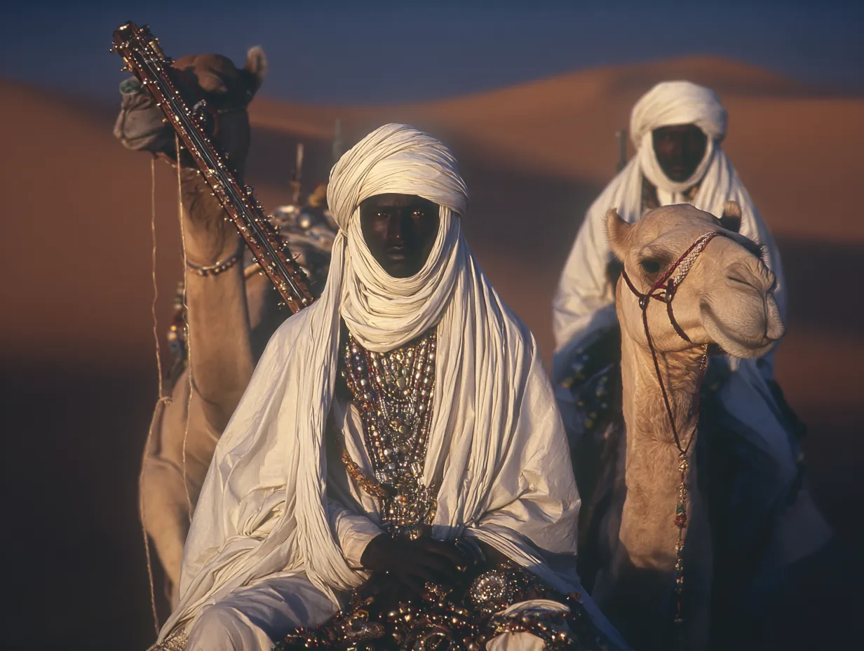 Dos personas con el rostro cubierto por telas, una azul y otra blanca, montadas en camellos adornados con collares y borlas, sobre dunas de arena bajo un cielo despejado.