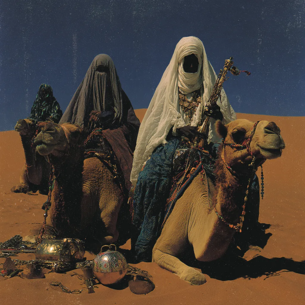 Dos personas veladas montadas en camellos, una con tela azul y otra con tela blanca sosteniendo un bastón, con una tercera figura de pie detrás sosteniendo un objeto metálico en alto, bajo un cielo azul oscuro.