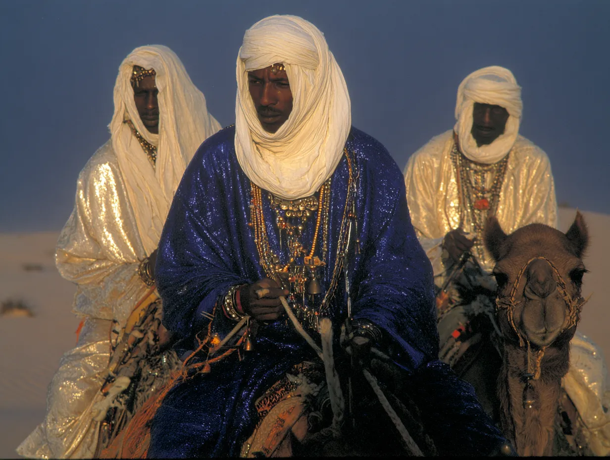 Tres jinetes con el rostro cubierto por velos oscuros montan camellos en el desierto; el del centro viste un manto azul con collares dorados y los otros dos visten de blanco con reflejos dorados, al atardecer.