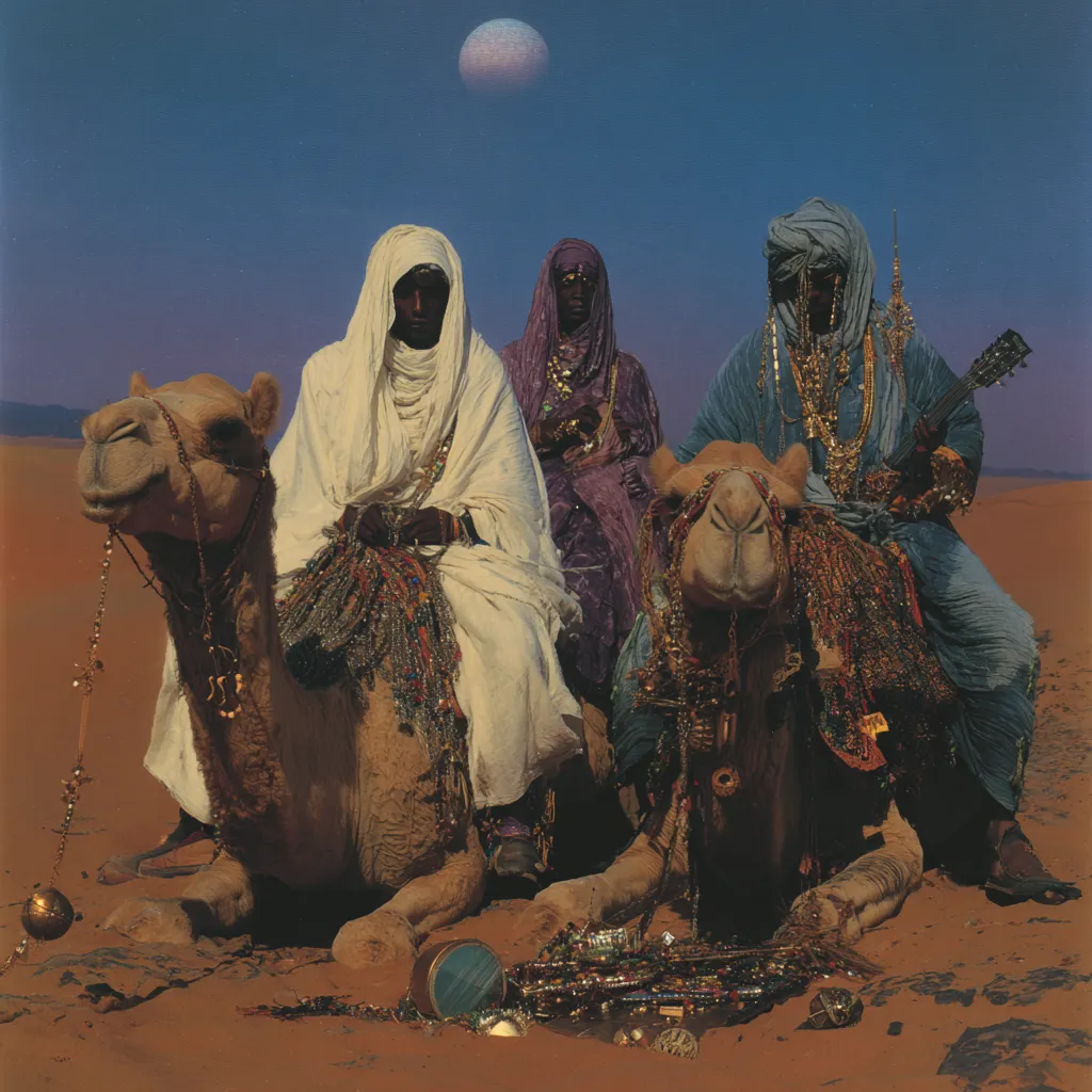 Tres personas con el rostro cubierto por velos, vestidas de blanco, morado y turquesa, sentadas sobre camellos arrodillados en la arena, con una luna llena en el cielo nocturno y joyas doradas esparcidas en el suelo.