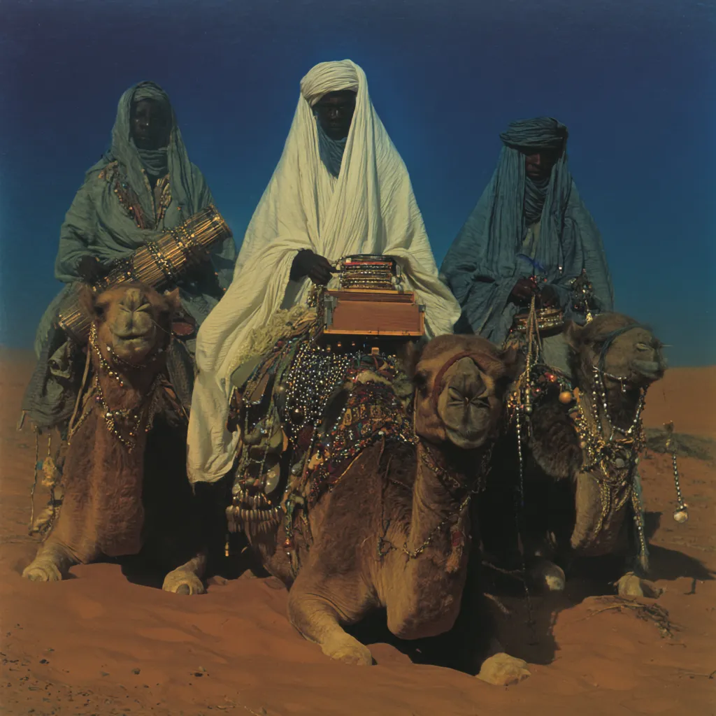 Tres personas con velos vestidas de azul turquesa y blanco, montadas sobre camellos cargados de collares, con una caja de madera decorada sobre las piernas del jinete central, bajo un cielo azul oscuro.