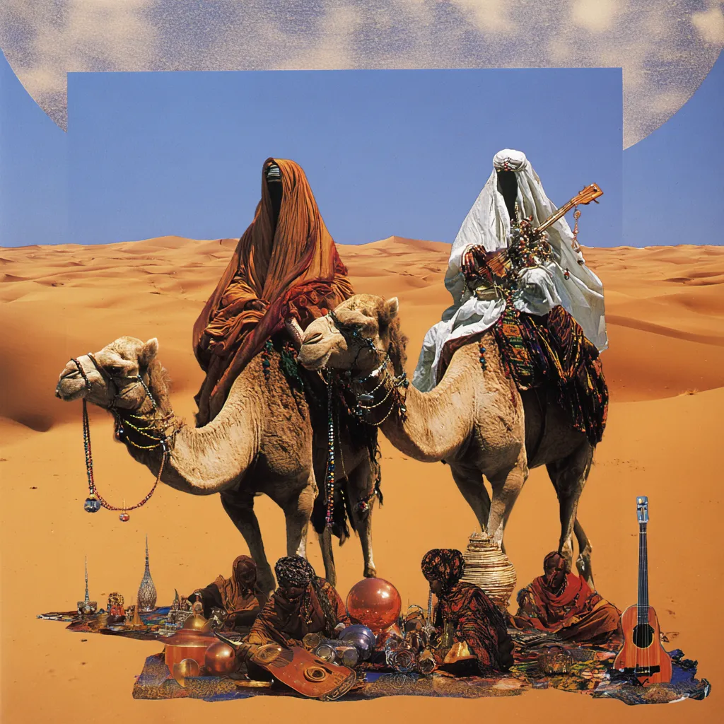 Dos personas con velos montadas en camellos en el desierto, una con manto naranja y otra con manto blanco sosteniendo un instrumento de cuerdas, con un recorte rectangular de cielo azul sobre las dunas y varios objetos como alfombras, vasijas y un laúd dispuestos en la arena.