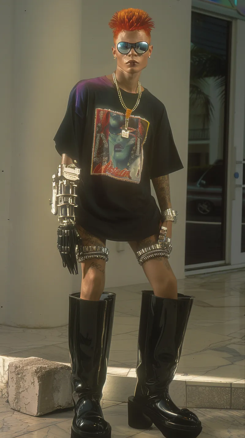 Persona con cabello corto teñido de naranja, gafas de sol y camiseta negra estampada, con un brazo protésico metálico articulado, tatuajes en las piernas y botas de plataforma de charol negro por encima de la rodilla, de pie en una acera.