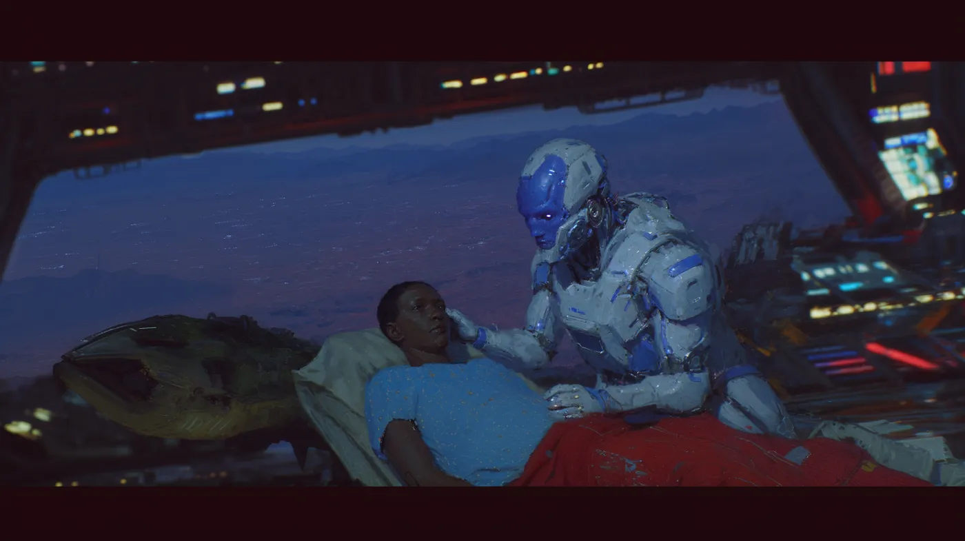 Un robot humanoide blanco y azul con el rostro iluminado se inclina sobre un hombre recostado en una cama, tocándole la barbilla, con una ciudad iluminada y montañas visibles a través de una ventana durante la noche.