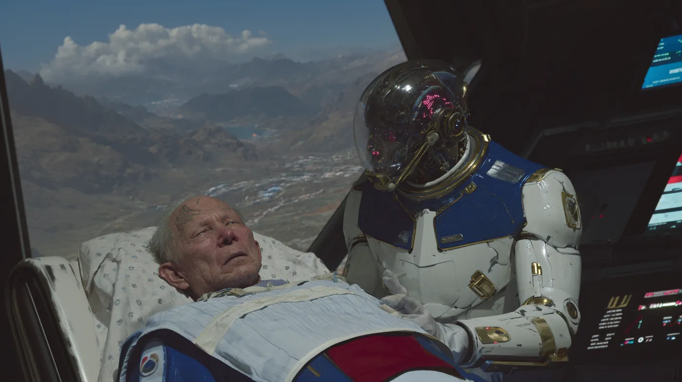 Un hombre anciano recostado en una camilla dentro de una cabina mira hacia un robot o astronauta con traje blanco y azul y casco con visor reflectante de pie junto a él, con montañas visibles a través de una ventana durante el día.