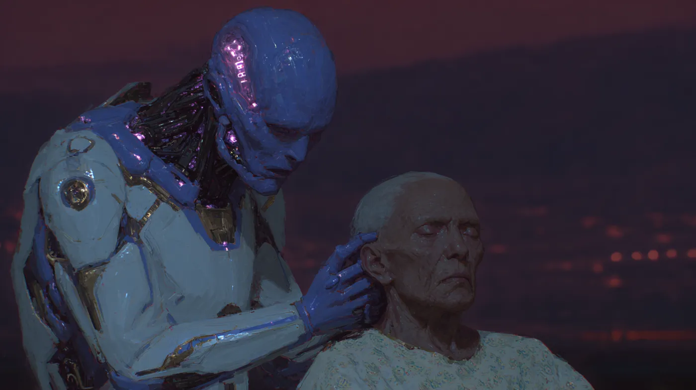 Figura robótica de piel azul con motas doradas que sostiene con una mano la cabeza de un anciano de piel pálida, con luces de una ciudad extendiéndose bajo un cielo morado al atardecer.