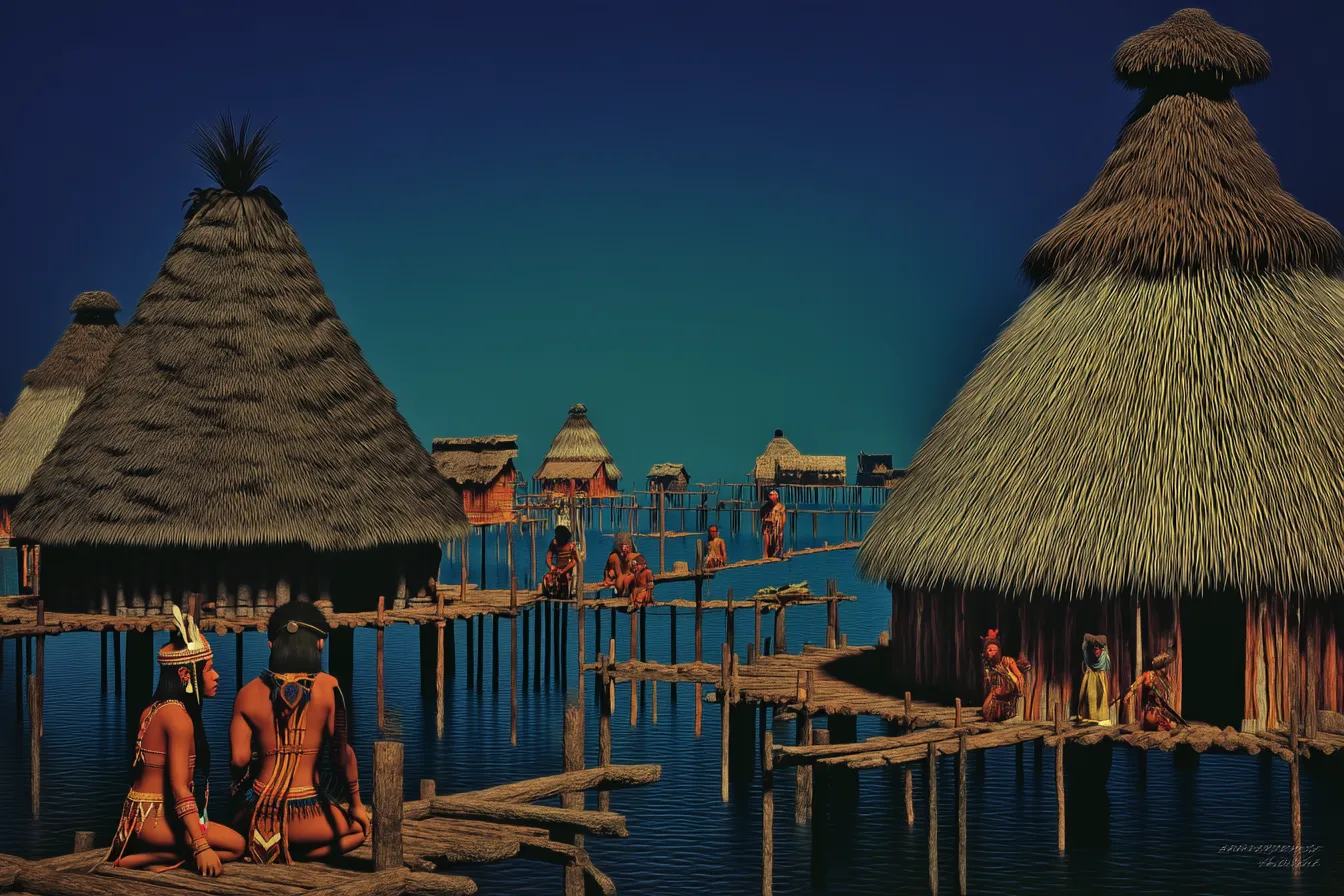 Vista nocturna de un poblado de chozas con techo de paja construidas sobre el agua, bajo un cielo azul oscuro, con personas sentadas y de pie sobre plataformas de madera junto al agua.