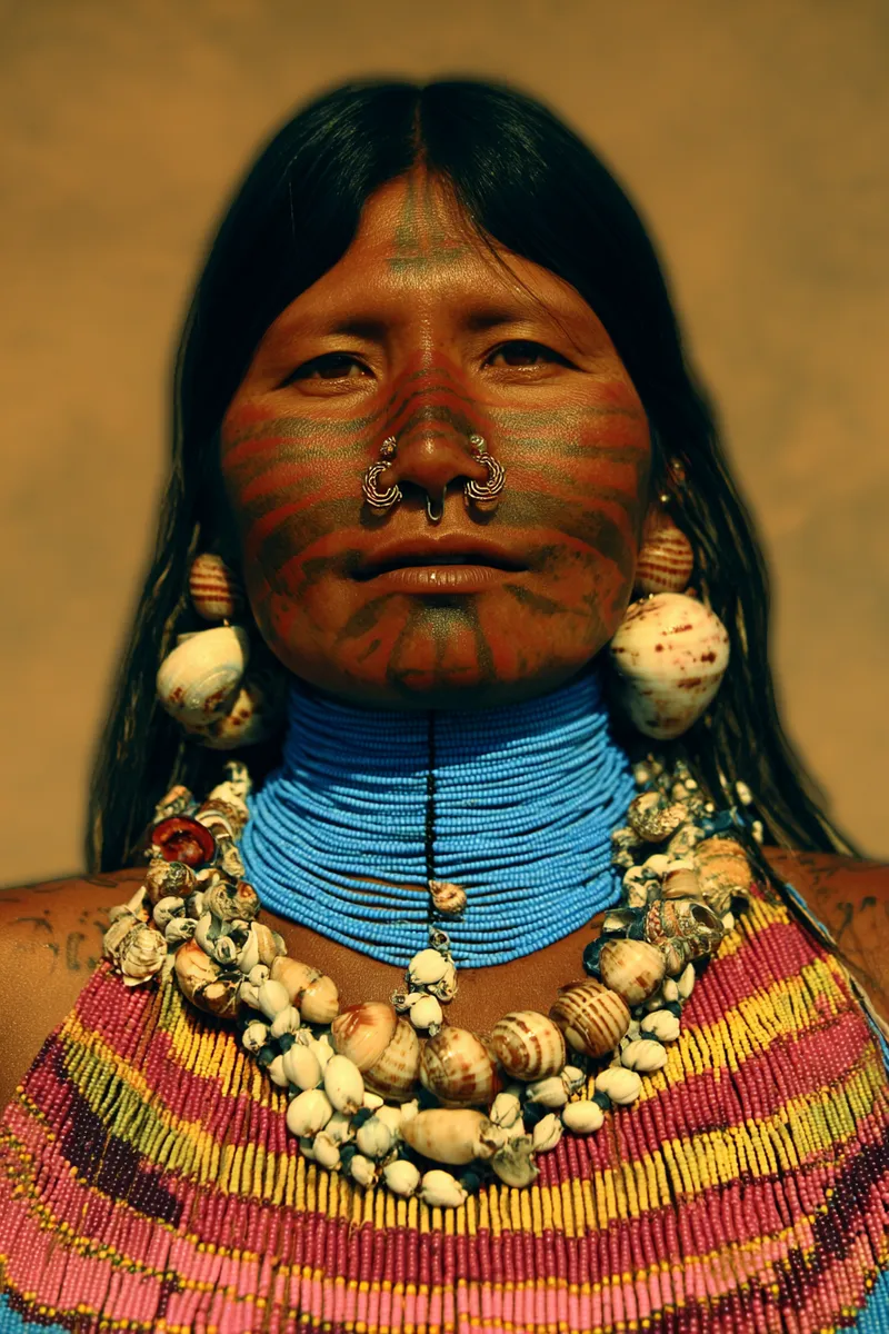 Retrato de una mujer con rayas de pintura facial roja y verde, aros dorados en el tabique nasal, aretes circulares grandes de concha y un collar de conchas sobre un top de cuentas azules y rosadas, con fondo dorado.