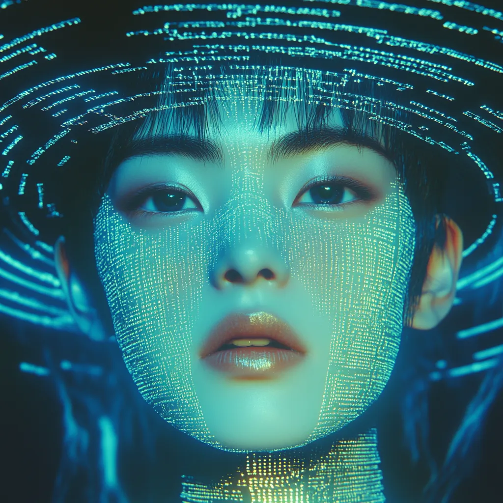 Retrato de una mujer cuyo rostro está cubierto por líneas de texto y código digital de color turquesa brillante, con un anillo de texto sobre la cabeza como si fuera un sombrero, sobre fondo oscuro.