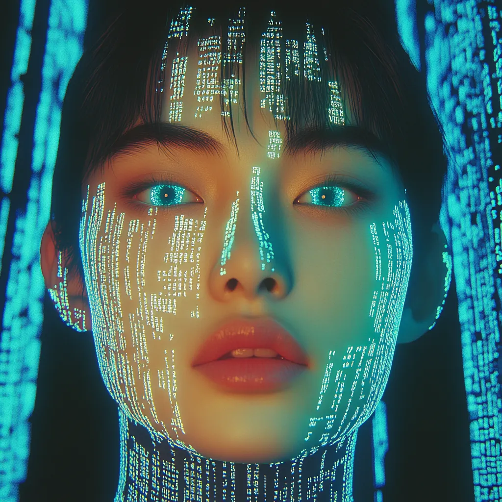 Retrato de un hombre con líneas de texto y código digital de color azul turquesa cayendo por su rostro, con ojos claros y fondo oscuro.