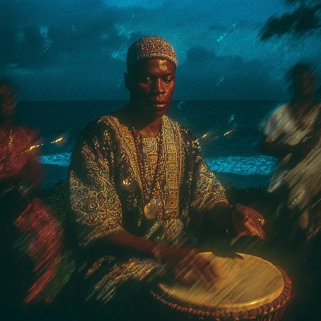 Hombre con túnica oscura bordada y gorro toca un tambor djembe en una playa al atardecer, con otras personas borrosas alrededor y el mar y el cielo nublado al fondo.